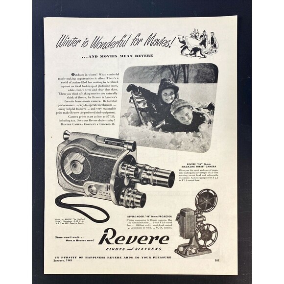 Revere Camera and Projector "Winter is Wonderful for Movies!" Vtg Print Ad 1949 - Picture 3 of 3